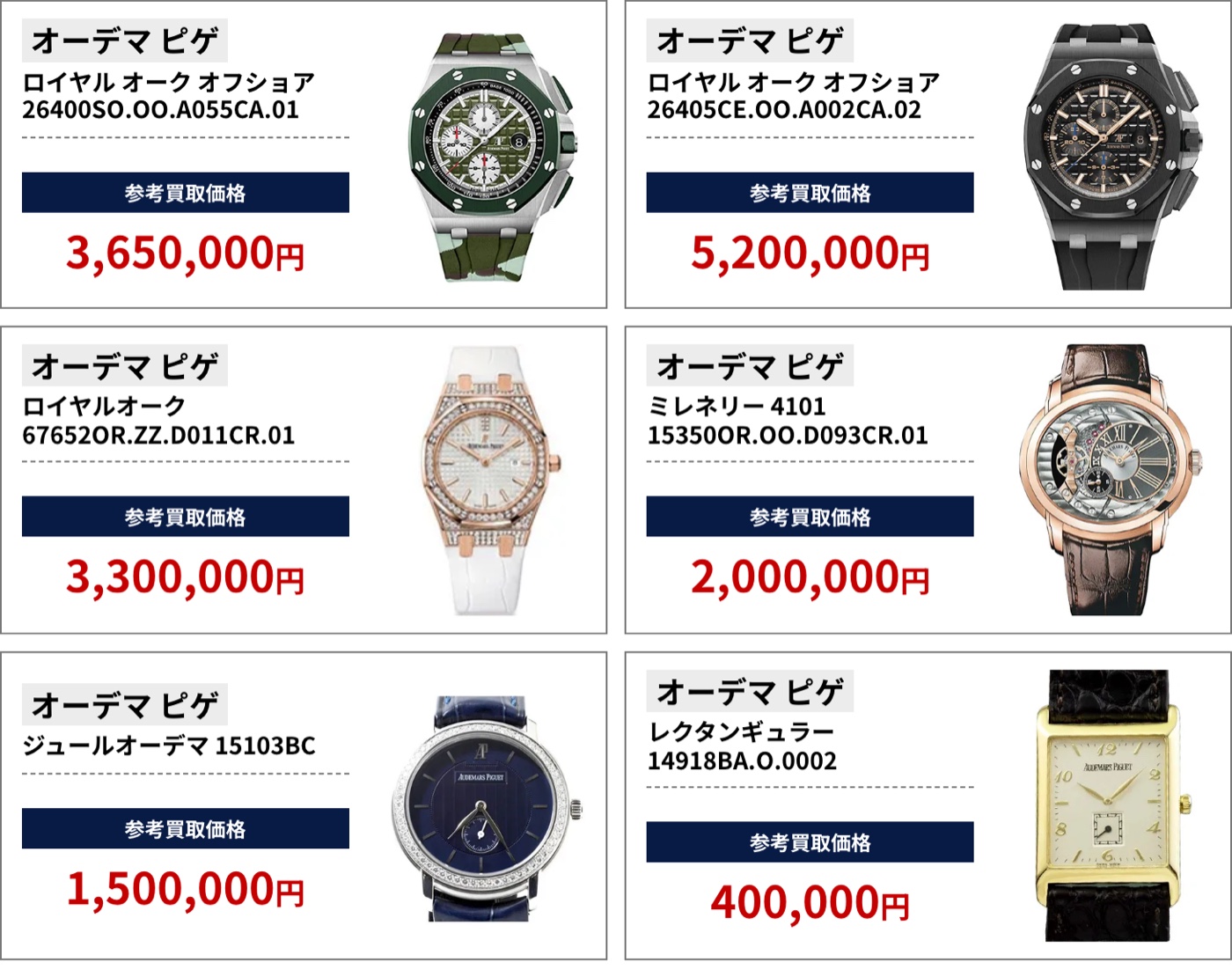 ブラリバのオーデマピゲ参考買取価格の続き(オーデマ ピゲ ロイヤル オーク オフショア 26400SO.OO.A055CA.01 3,650,000円、オーデマ ピゲ ロイヤル オーク オフショア 26405CE.OO.A002CA.02 5,200,000円など)