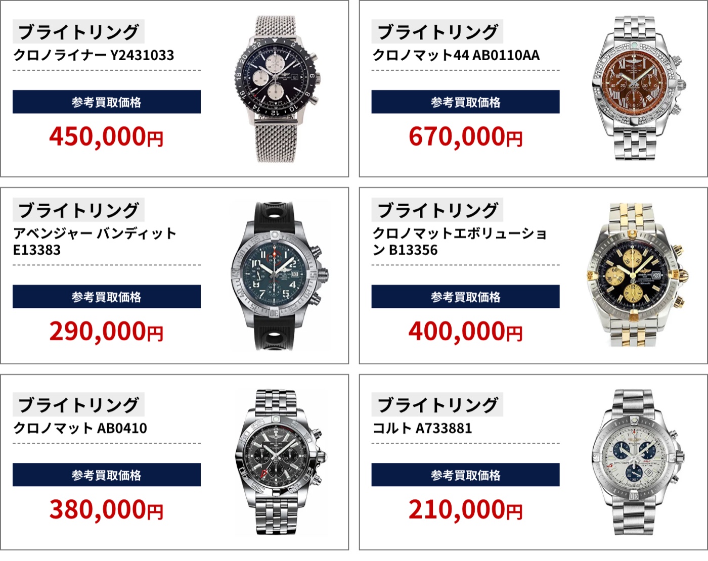 ブラリバのブライトリング参考買取価格の続き(ブライトリング クロノライナー Y2431033 450,000円、ブライトリング クロノマット44 AB0110AA 670,000円など)