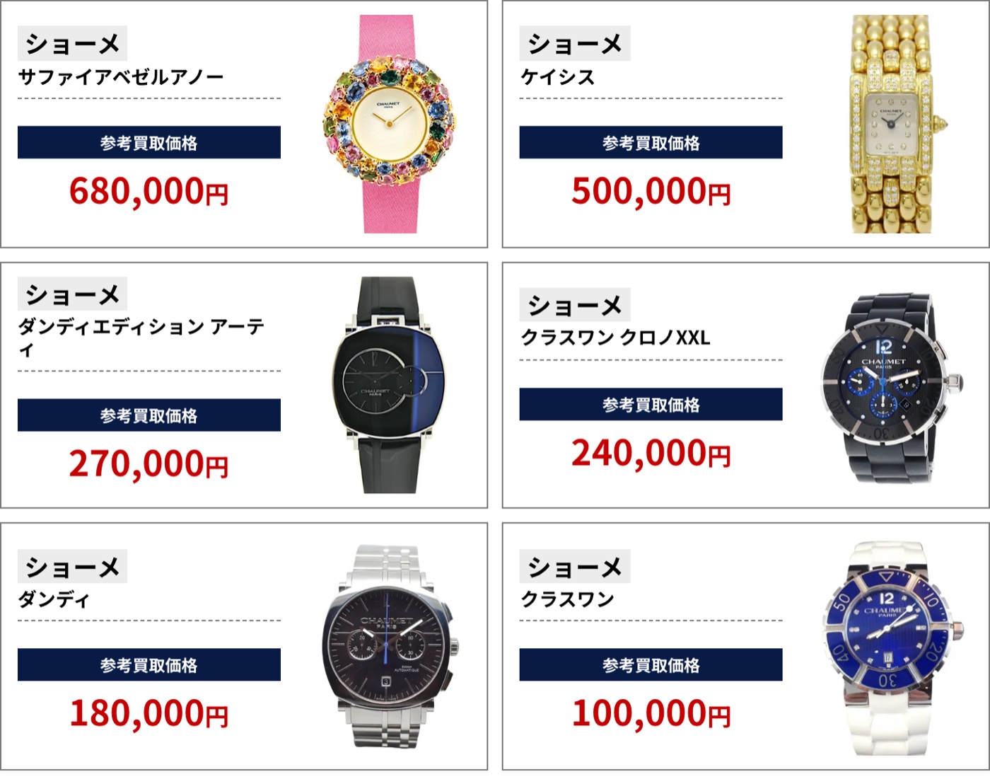 ブラリバのショーメ参考買取価格（ショーメ サファイアベゼルアノー 680,000円、ショーメ ケイシス 500,000円など）