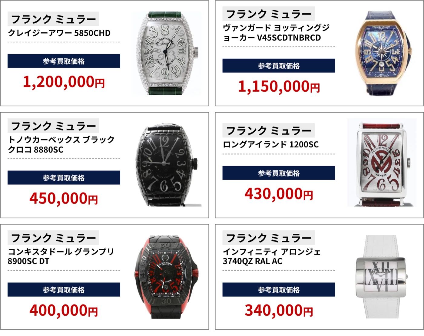 ブラリバのフランク・ミュラー参考買取価格（フランク ミュラー クレイジーアワー 5850CHD 1,200,000円、フランク ミュラー ヴァンガード ヨッティングジョーカー V45SCDTNBRCD 1,150,000円など）