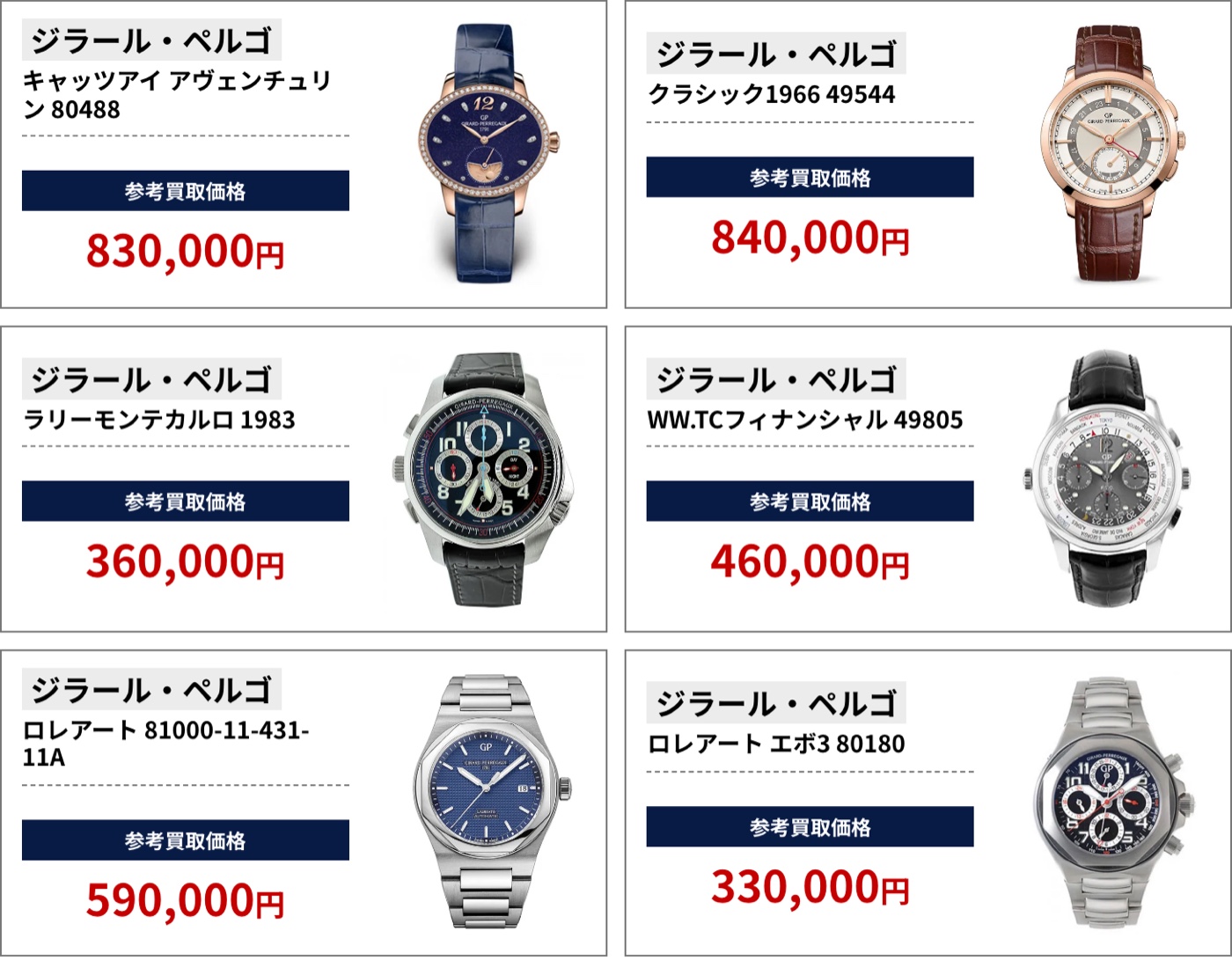 ブラリバのジラール・ペルゴ参考買取価格（ジラール・ペルゴ キャッツアイ アヴェンチュリン 80488 830,000円、ジラール・ペルゴ クラシック1966 49544 840,000円など）