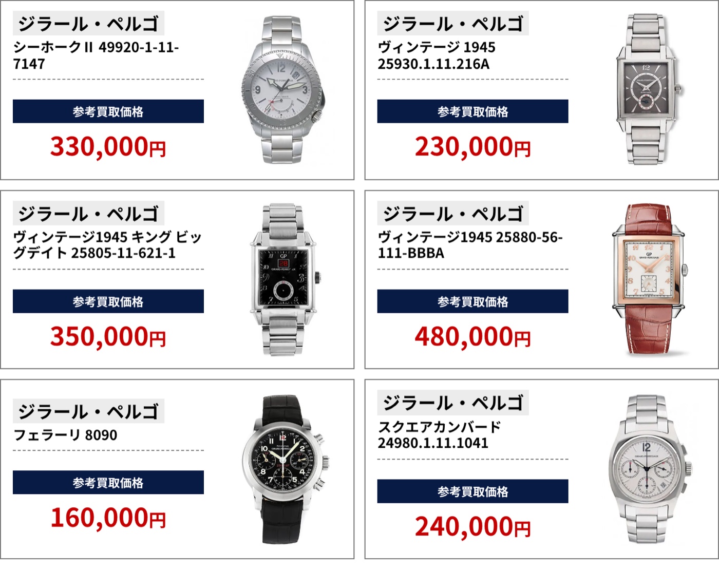 ブラリバのジラール・ペルゴ参考買取価格の続き（ジラール・ペルゴ シーホークⅡ 49920-1-11-7147 330,000円、ジラール・ペルゴ ヴィンテージ 1945 25930.1.11.216A 230,000円など）