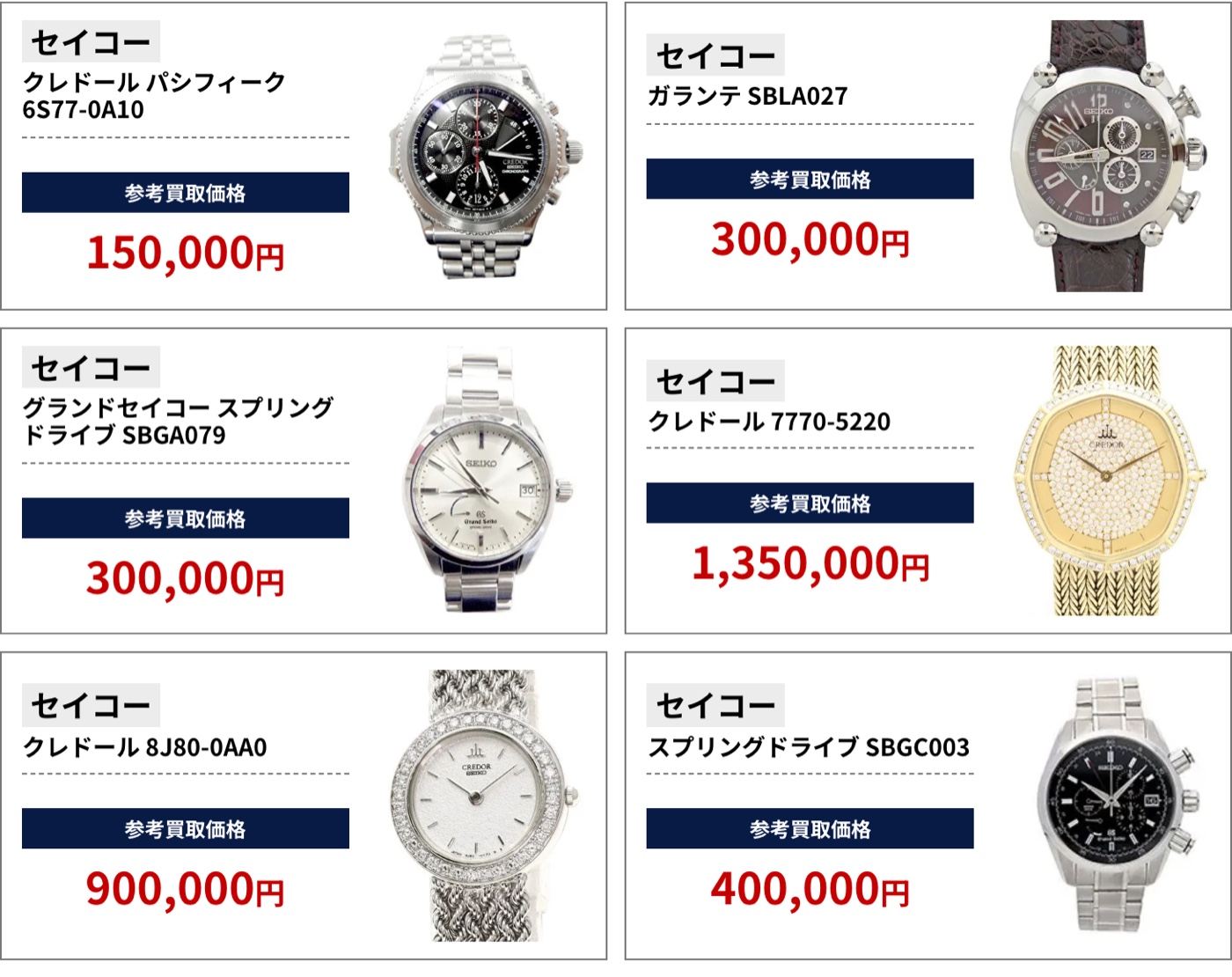 ブラリバのセイコー参考買取価格(グランドセイコー含む)の続き(セイコー クレドール パシフィーク 6S77-0A10 150,000円、セイコー ガランテ SBLA027 300,000円など)