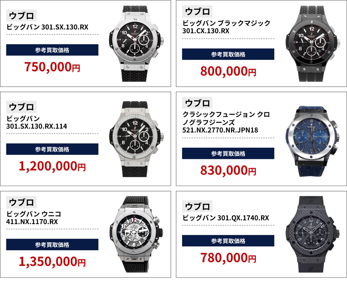 ブラリバのウブロ参考買取価格(ウブロ ビッグバン 301.SX.130.RX 750,000円、ウブロ ビッグバン ブラックマジック 301.CX.130.RX 800,000円など)