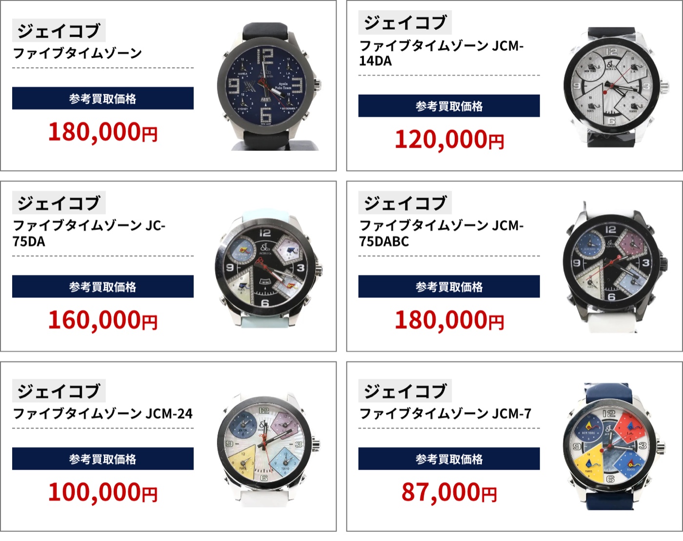 ブラリバのジェイコブ参考買取価格の続き（ジェイコブ ファイブタイムゾーン 180,000円、ジェイコブ ファイブタイムゾーン JCM-14DA 120,000円など）