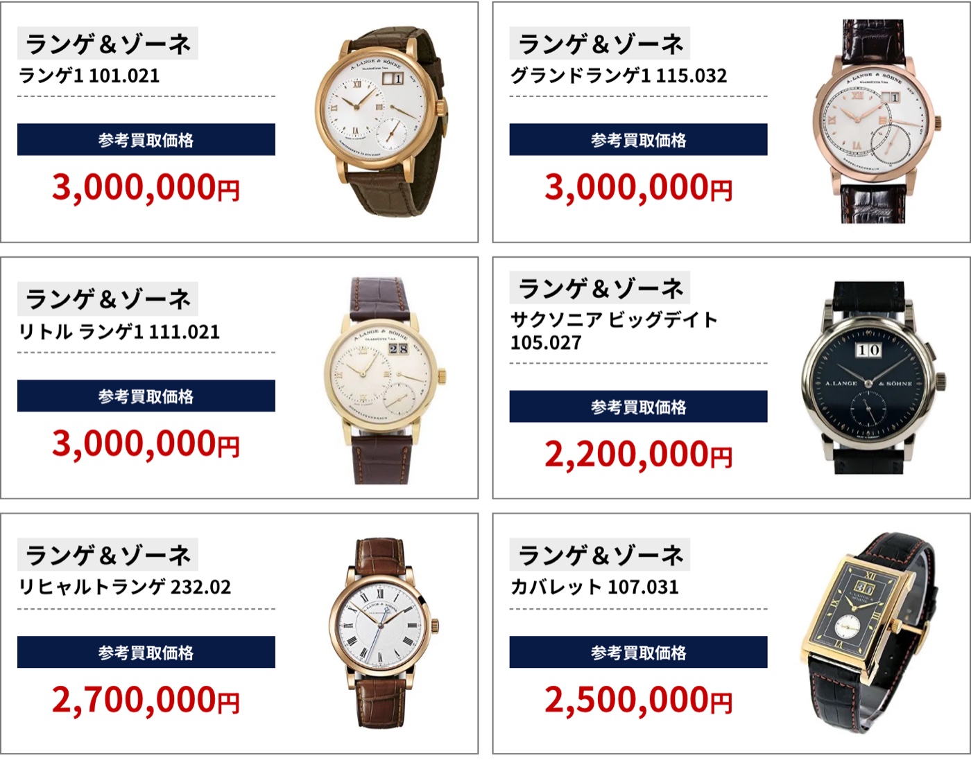 ブラリバのA.ランゲ&ゾーネ参考買取価格（ランゲ＆ゾーネ ランゲ1 101.021 3,000,000円、ランゲ＆ゾーネ グランドランゲ1 115.032 3,000,000円など）