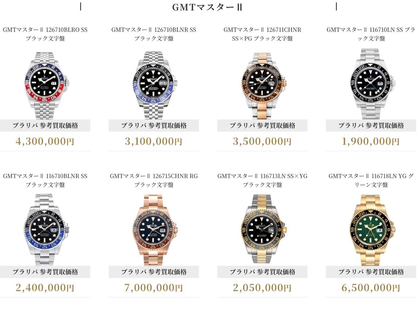 ブラリバのGMTマスターⅡ参考買取価格(126710BLRO 4,300,000円など)