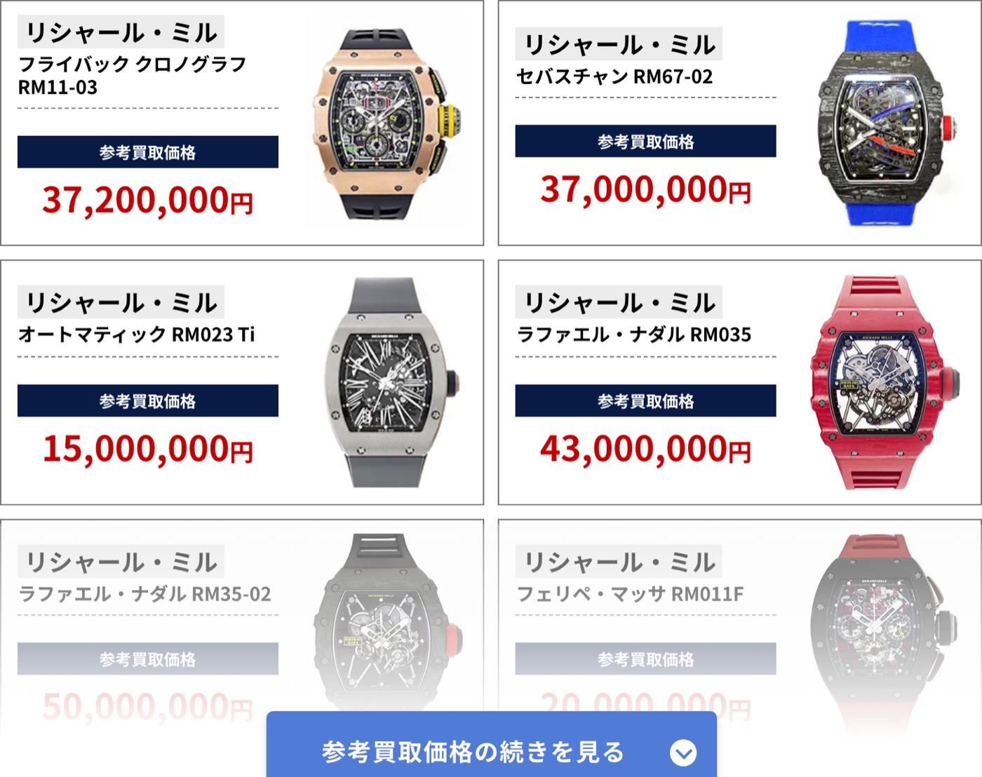 ブラリバのリシャール・ミル参考買取価格（リシャール・ミル フライバック クロノグラフ RM11-03 37,200,000円、リシャール・ミル セバスチャン RM67-02 37,000,000円など）