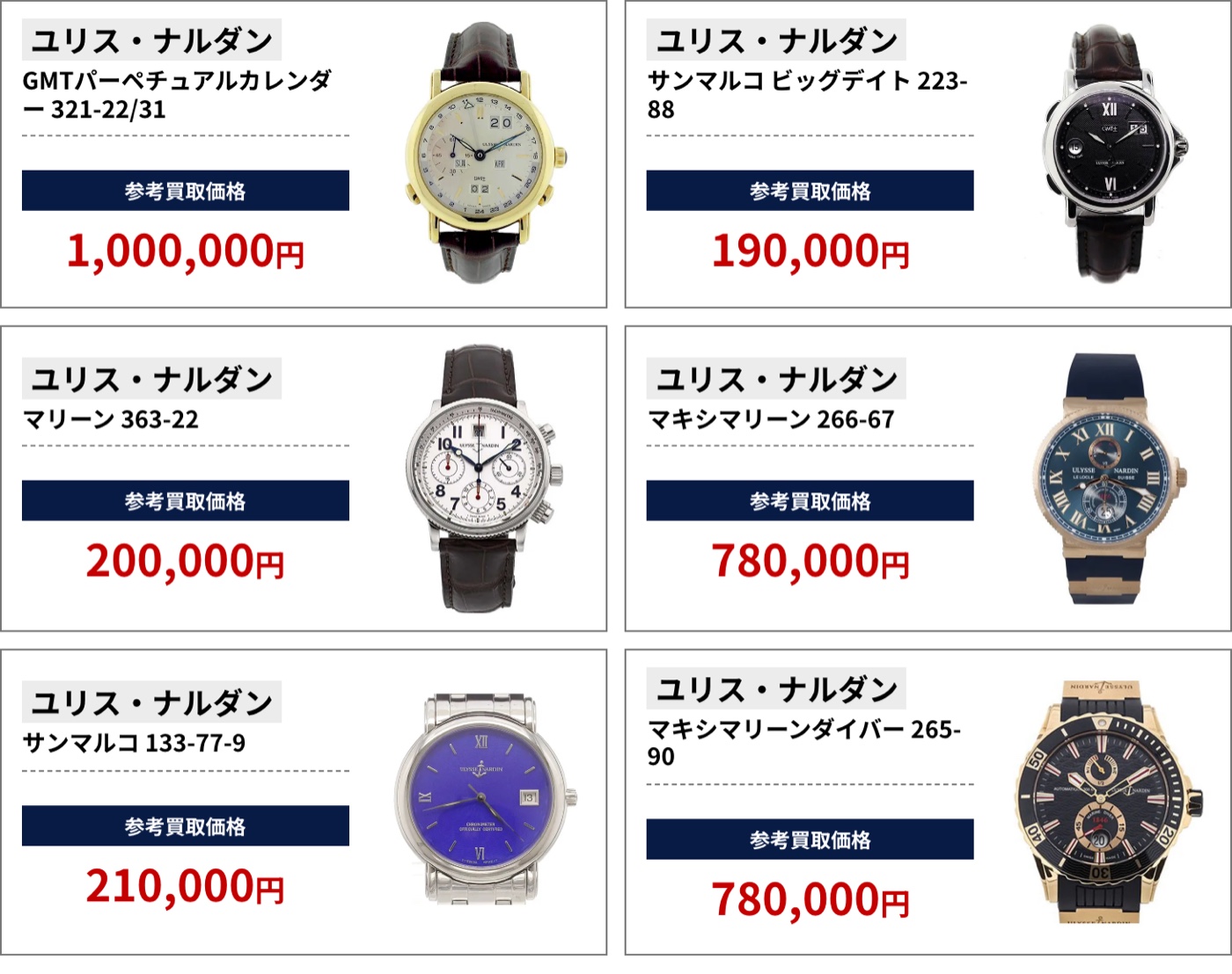 ブラリバのユリス・ナルダン参考買取価格(ユリス・ナルダン GMTパーペチュアルカレンダー 321-22/31 1,000,000円、ユリス・ナルダン サンマルコ ビッグデイト 223-88 190,000円など)