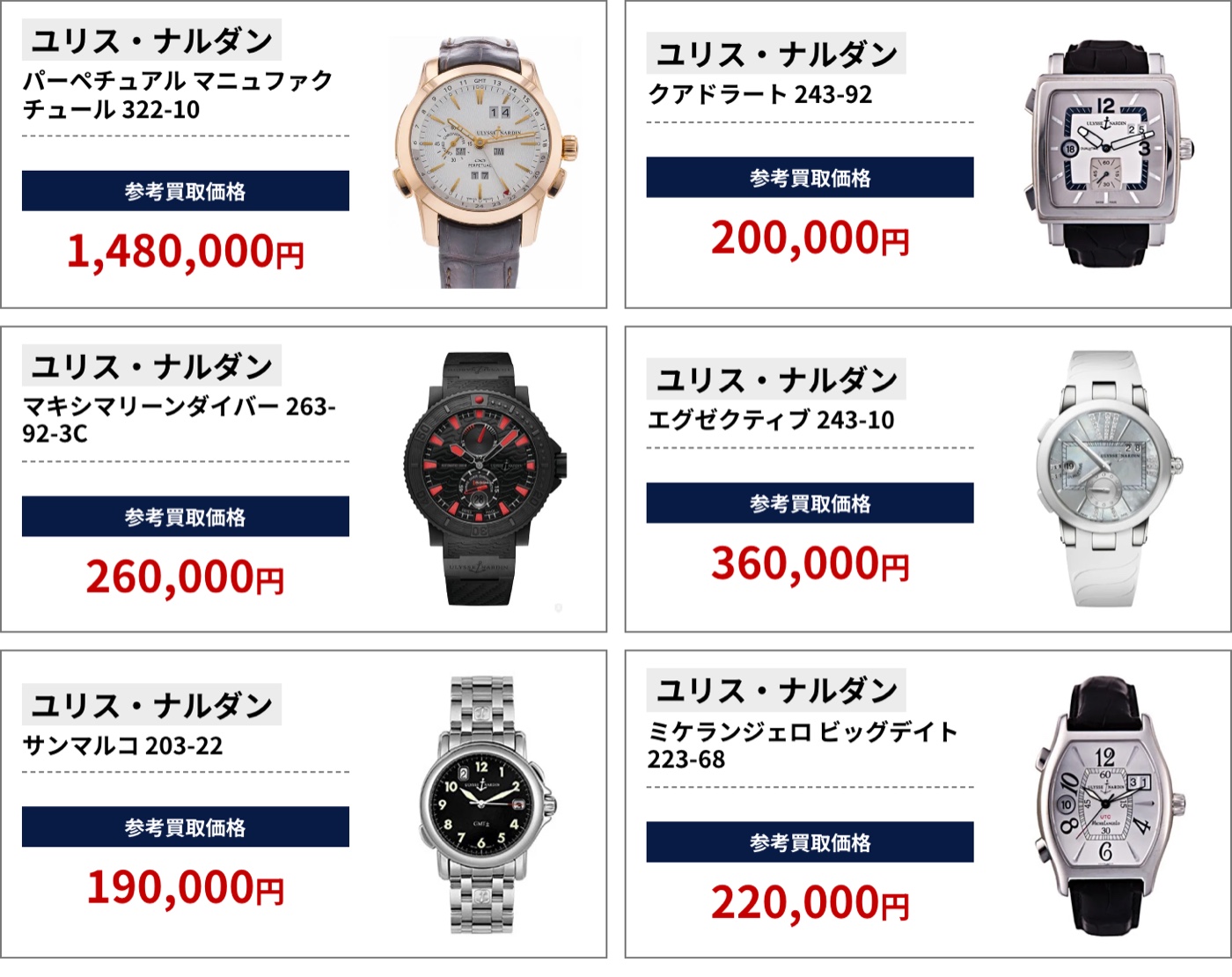 ブラリバのユリス・ナルダン参考買取価格の続き(ユリス・ナルダン パーペチュアル マニュファクチュール 322-10 1,480,000円、ユリス・ナルダン クアドラート 243-92 200,000円など)