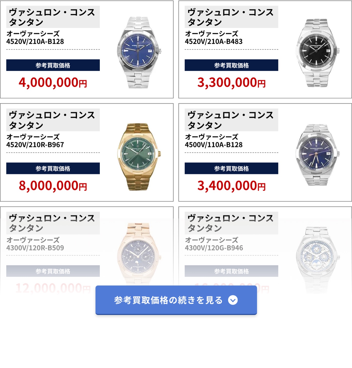 ブラリバのヴァシュロン・コンスタンタン参考買取価格（ヴァシュロン・コンスタンタン オーヴァーシーズ 4520V/210A-B128 4,000,000円、ヴァシュロン・コンスタンタン オーヴァーシーズ 4520V/210A-B483 3,300,000円など）