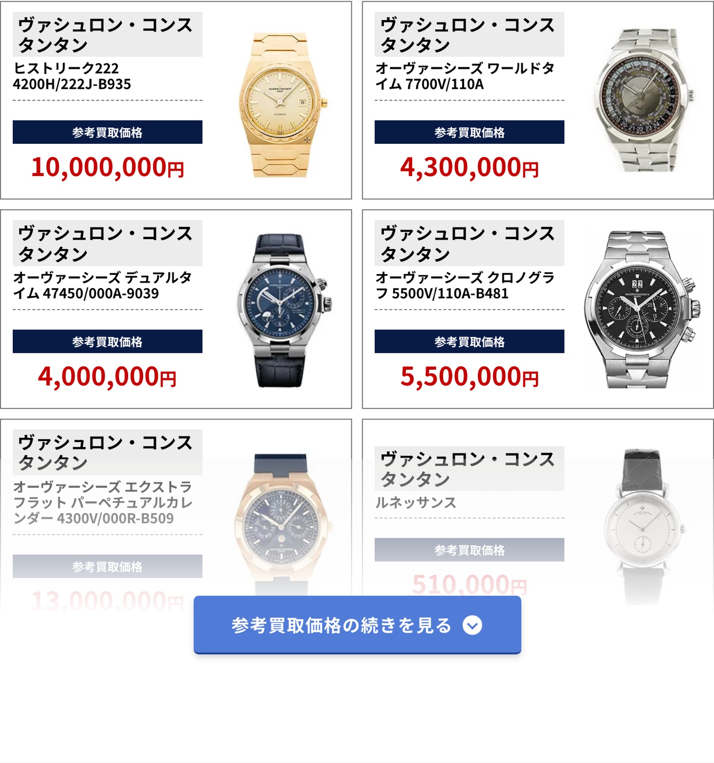 ブラリバのヴァシュロン・コンスタンタン参考買取価格の続き（ヴァシュロン・コンスタンタン ヒストリーク222 4200H/222J-B935 10,000,000円、ヴァシュロン・コンスタンタン オーヴァーシーズ ワールドタイム 7700V/110A 4,300,000円など）