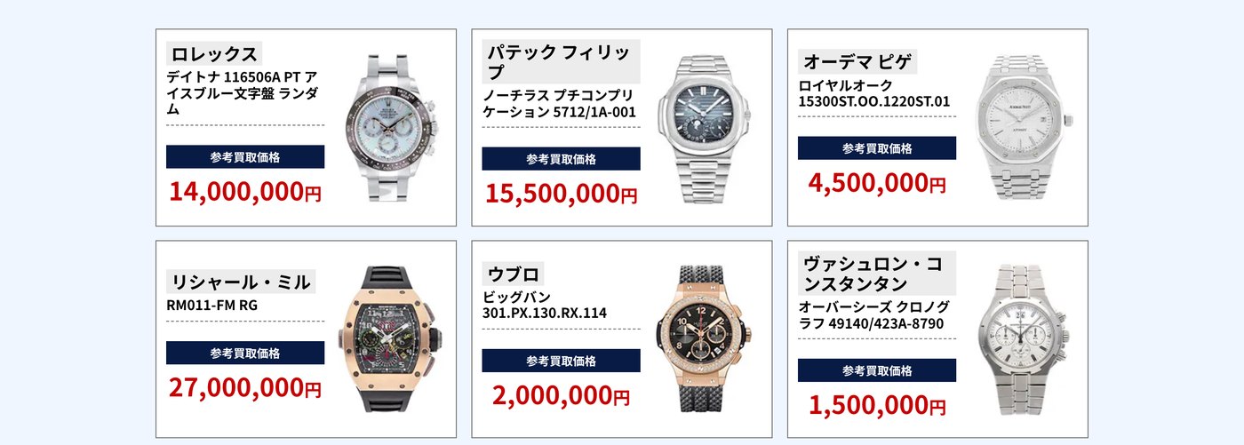 ブラリバの時計参考買取価格(ロレックス デイトナ 14,000,000円、パテック フィリップ ノーチラス 15,500,000円など)