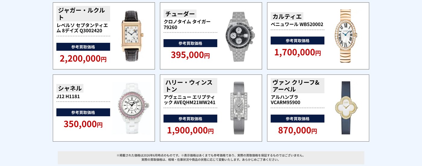 ブラリバの時計参考買取価格の続き(ジャガー・ルクルト 2,200,000円、カルティエ 1,700,000円、シャネル 350,000円など)