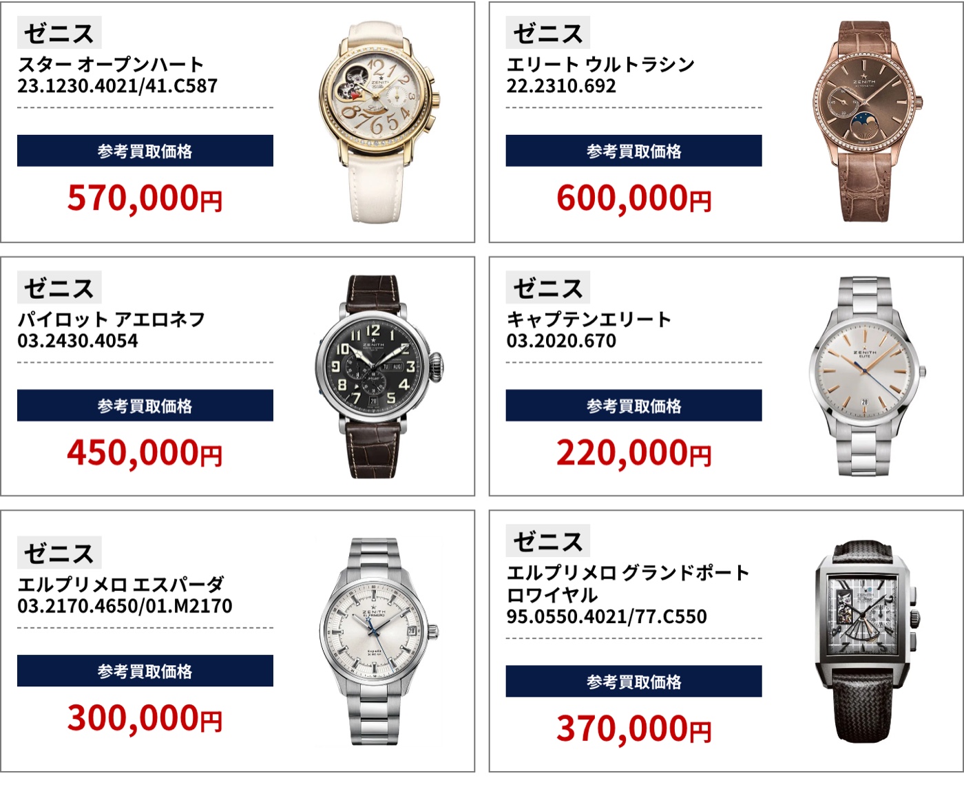 ブラリバのゼニス参考買取価格の続き（ゼニス スター オープンハート 23.1230.4021/41.C587 570,000円、ゼニス エリート ウルトラシン 22.2310.692 600,000円など）